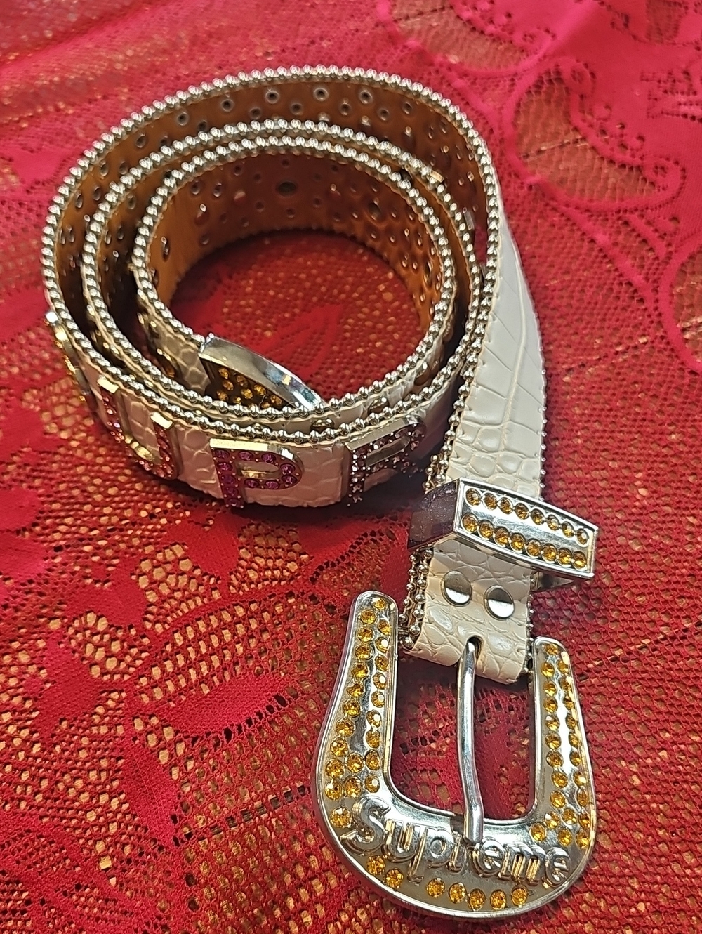 Supreme White Croc-Textured Belt with Silver Hardwear and Crystal Accents